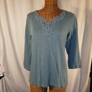 Appleseed's Women's Size M Blue 3/4 Sleeve Embroidered Top